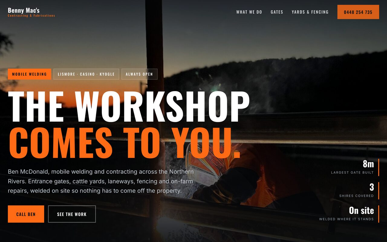 Benny Mac's Contracting website, desktop