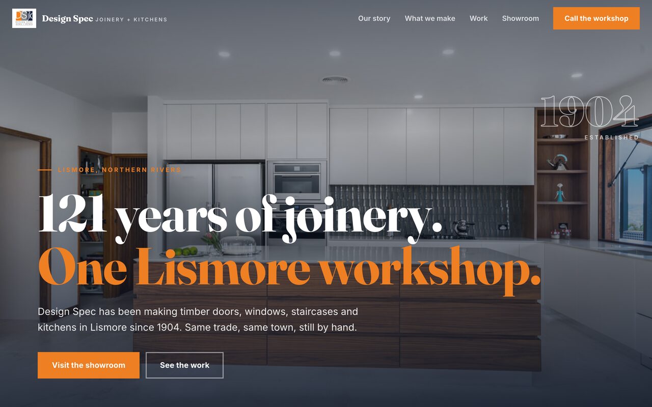 Design Spec Joinery + Kitchens website, desktop