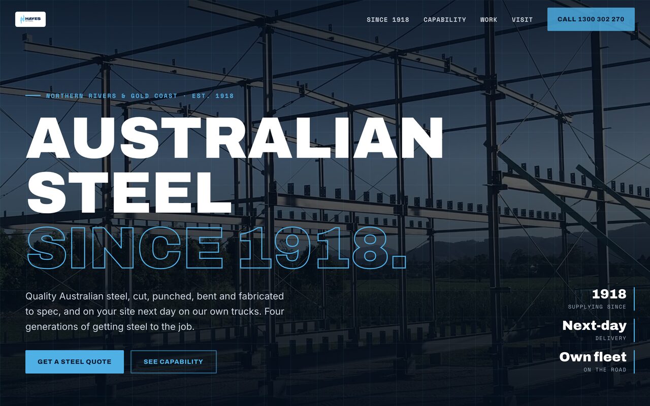 Hayes Steel website, desktop