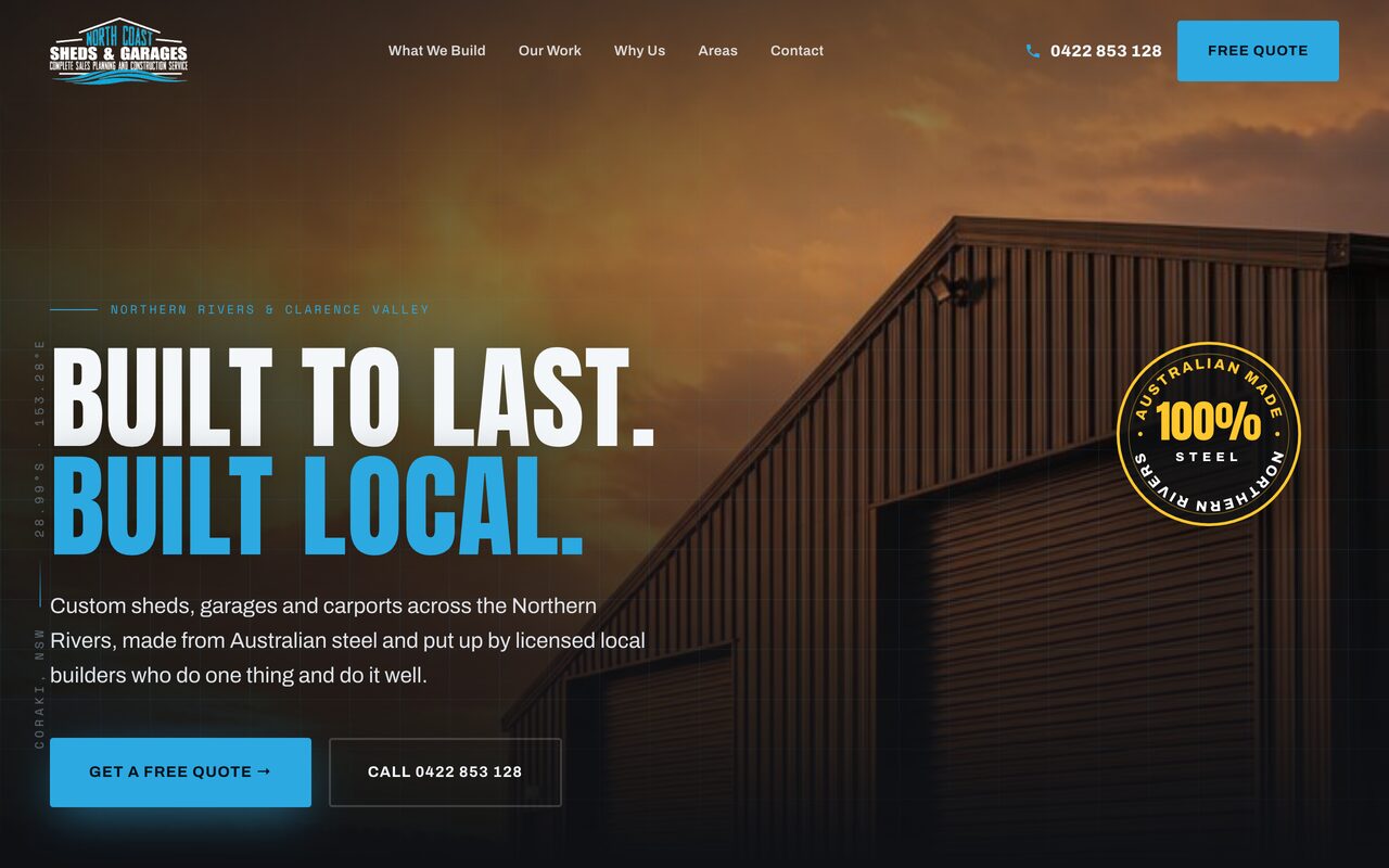 North Coast Sheds and Garages website, desktop