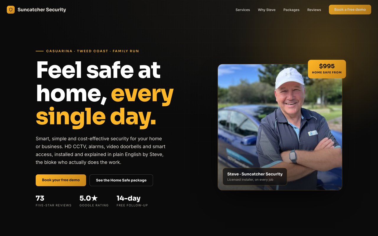 Suncatcher Security website, desktop