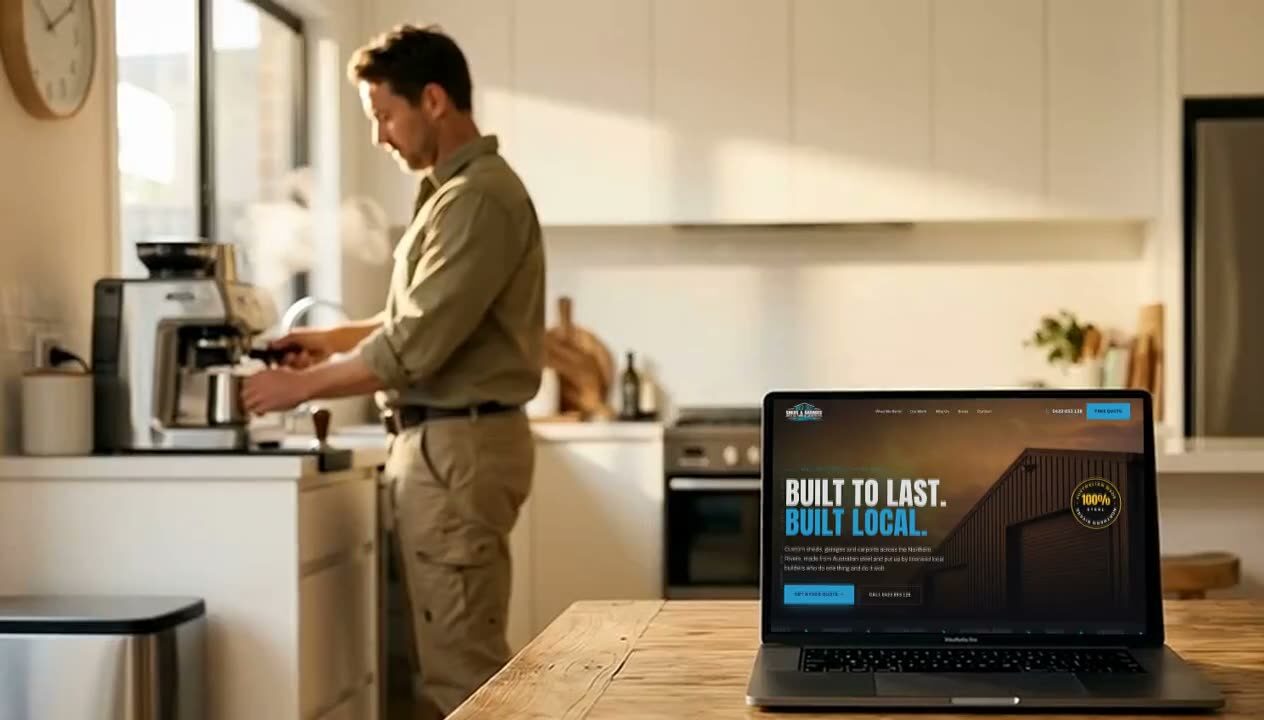 A tradie's laptop on the kitchen bench showing their website while job enquiries arrive