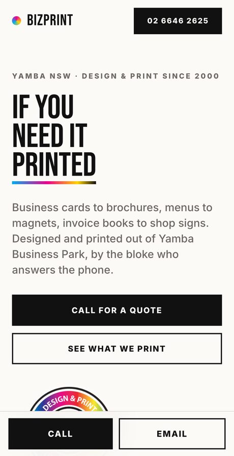 Bizprint website on a phone