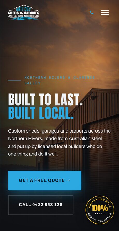 North Coast Sheds and Garages website on a phone